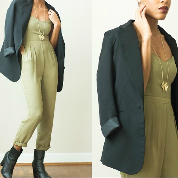 green jumpsuit with blazer